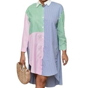 White Collared Striped Multicolor Patchwork Resort Preppy Button M/L Shirt Dress